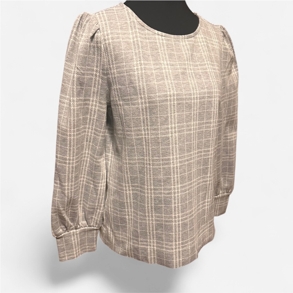 Ann Taylor Neutral Plaid Puff Sleeve Top | Size M